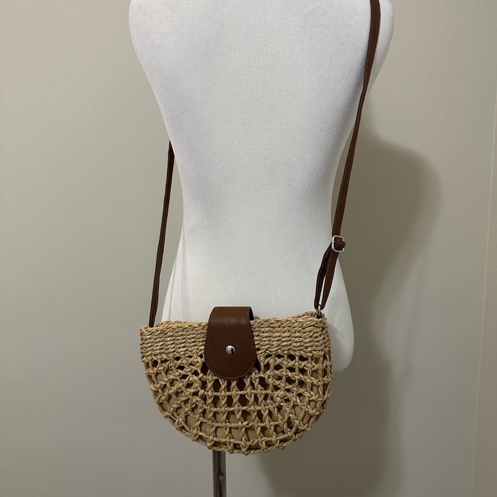 Brown & Woven Natural Crossbody Bag